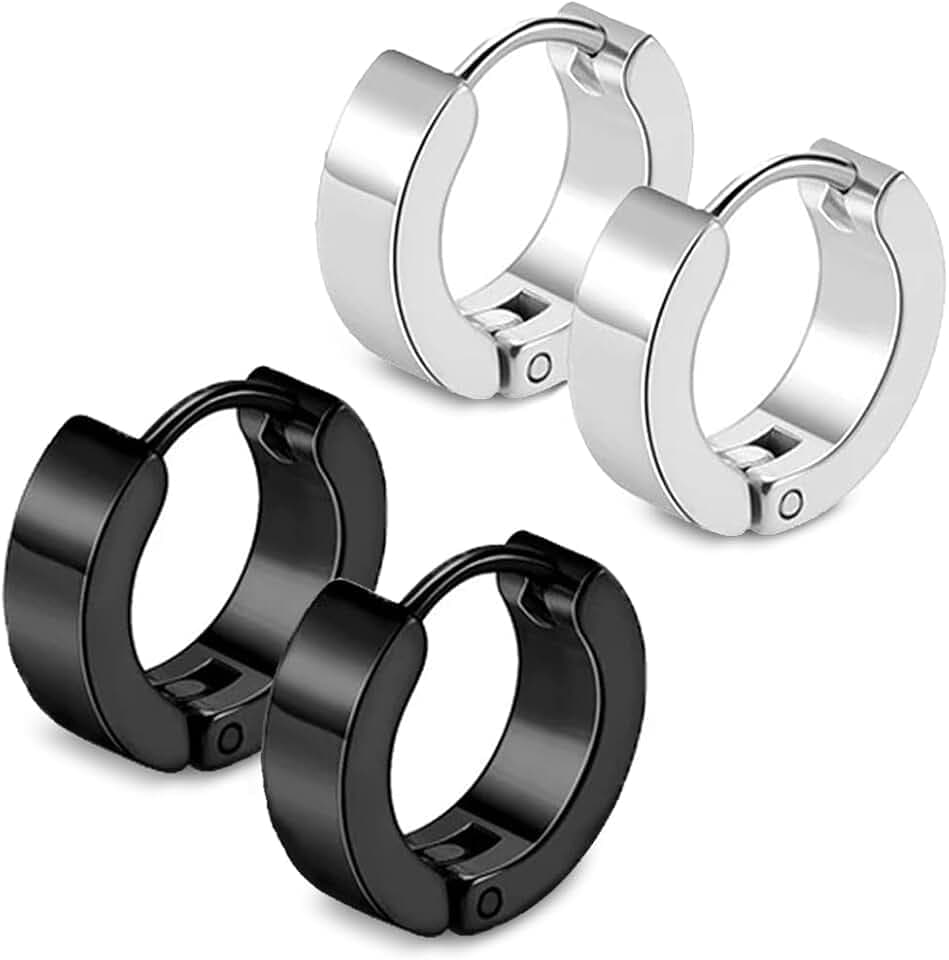 JRYXD 2 Paia Orecchini Da Uomo Donna In Acciaio Inossidabile,Tondo,Colore Argento Nero, Orecchini A Cerchio Da Uomo/Donna (1 Paio Nero, 1 Paio Argento)