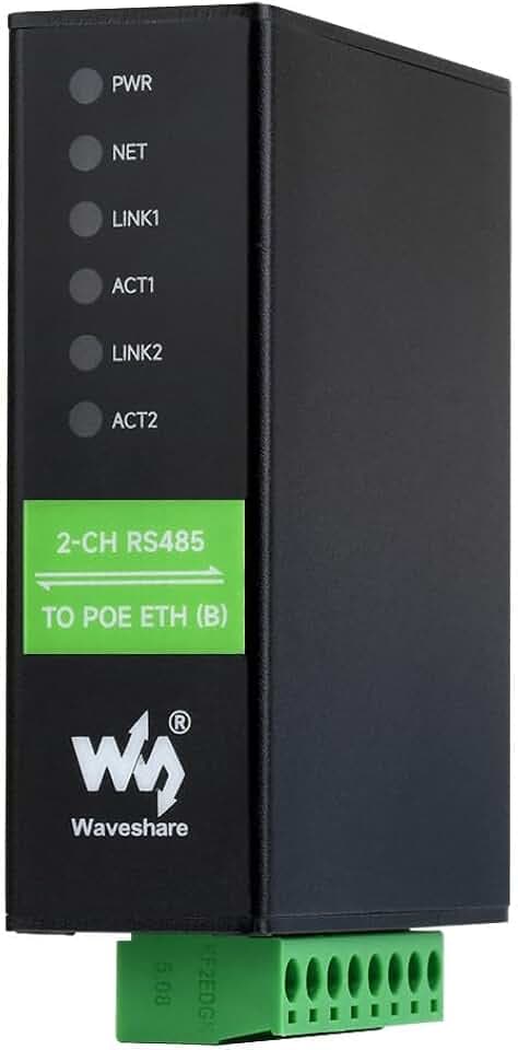 Waveshare 2-Ch RS485 To POE Ethernet Serial Server, 2-Channel RS485 Independent Operation, 2x POE Ethernet Port, Rail-Mount Industrial Isolated Serial Module, Bidirectional Transparent Transmission