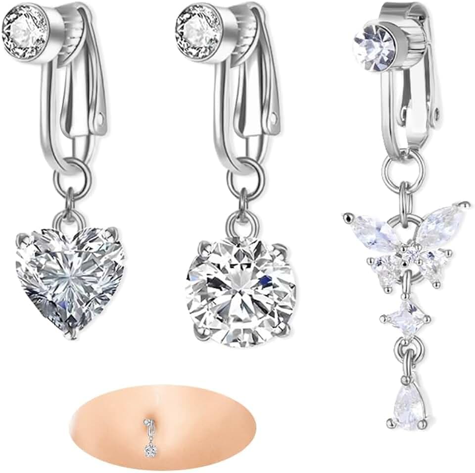 YZROHYI 3 Pezzi Piercing Finto per Ombelico, Clip Pendente in Acciaio Chirurgico, Gioielleria Anallergica per Donna