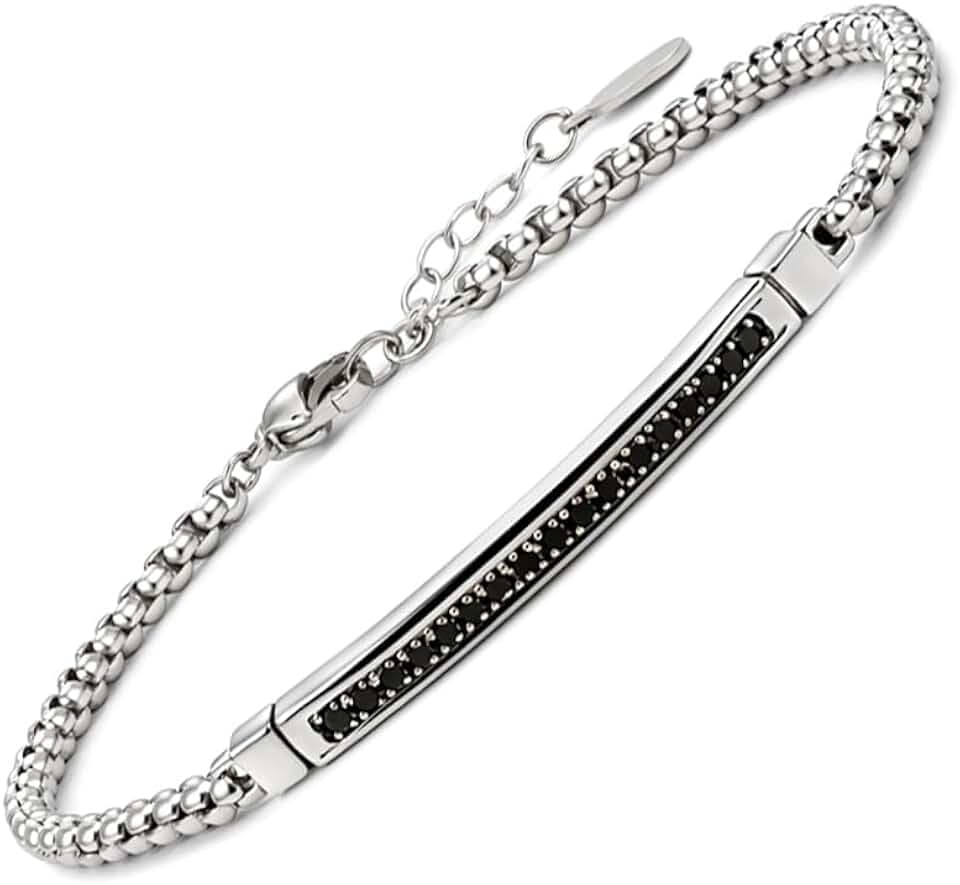 SAGA GIOIELLI Bracciale Uomo Acciaio con maglia tonda, barretta centrale e cristalli neri – Idea Regalo Festa del Papà, Compleanno, Natale, San Valentino, Anniversario - Confezione regalo inclusa