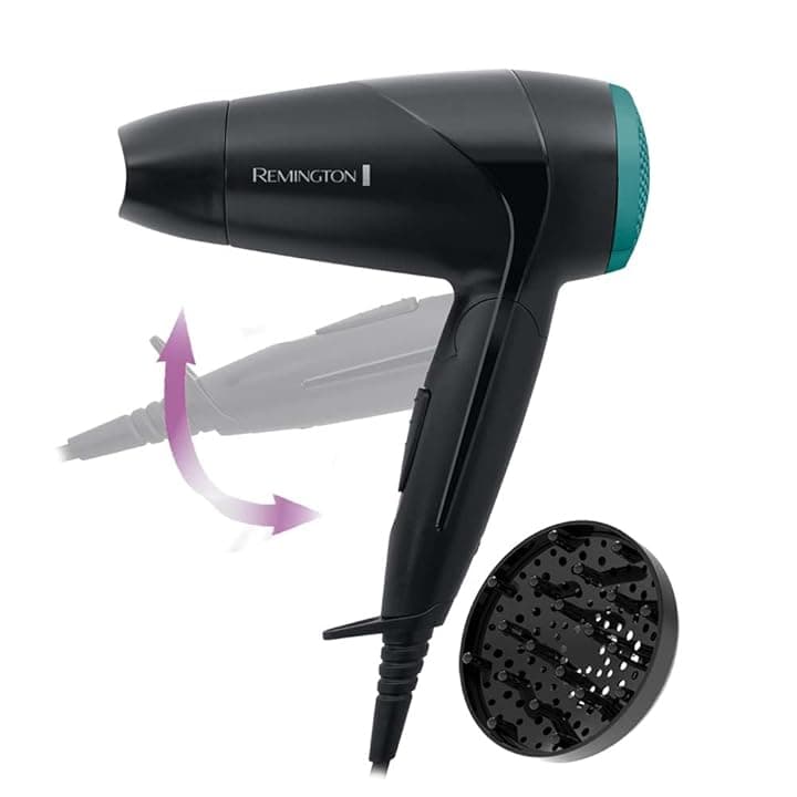 Remington Asciugacapelli 2000W - Pieghevole e Potente - Asciugacapelli da Viaggio, Bacchetta e Diffusore per styling, 2 livelli di riscaldamento e ventola, On The Go D1500