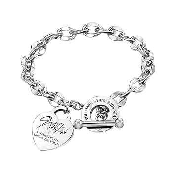 DEFGNOP Stray Bracciale in Acciaio Inox Stray, Unisex Acciaio Inossidabile Argentato, con Ciondolo a Forma di Cuore, con 1 Adesivo SKZ e 2 Photocard SKZ, Articolo Regalo per Stay