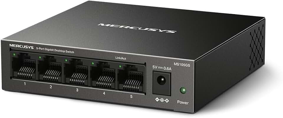 TP-Link Mercusys MS105GS Switch Ethernet 5 Porte Gigabit, Sdoppiatore Ethernet, Switch Gigabit per la Casa e l'Ufficio, Plug e Play, Montaggio Desktop, Cassa in Metallo, Durevole e Silenzioso