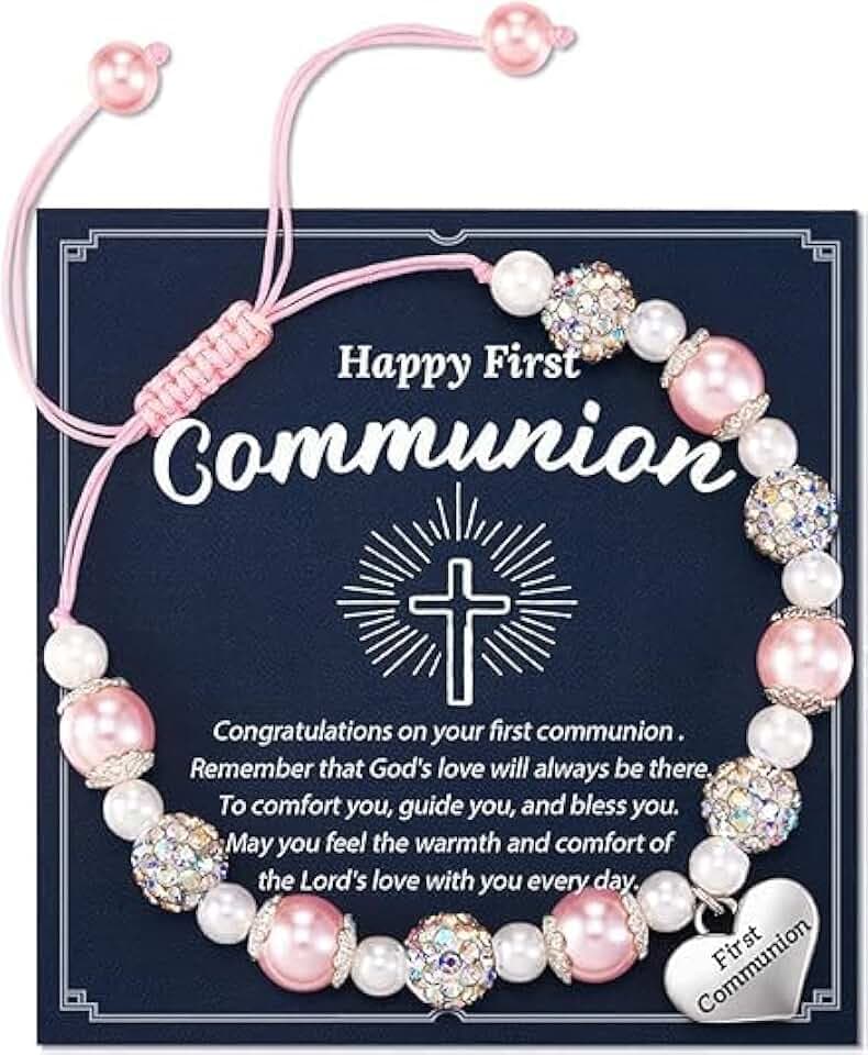 YUEXNKO Bracciale di Perle e Croce, Regali per la Prima Comunione per Ragazza, Comunione Bracciale, Braccialetto Regolabile, per Ragazze Regalo di Battesimo