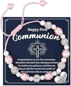 YUEXNKO Bracciale di Perle e Croce, Regali per la Prima Comunione per Ragazza, Comunione Bracciale, Braccialetto Regolabile, per Ragazze Regalo di Battesimo
