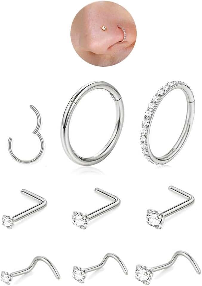 Set di 8 piercing da naso in titanio, ipoallergenici, dorati, sottili, piccoli, per donne e uomini, a forma di L, con zirconi, in argento