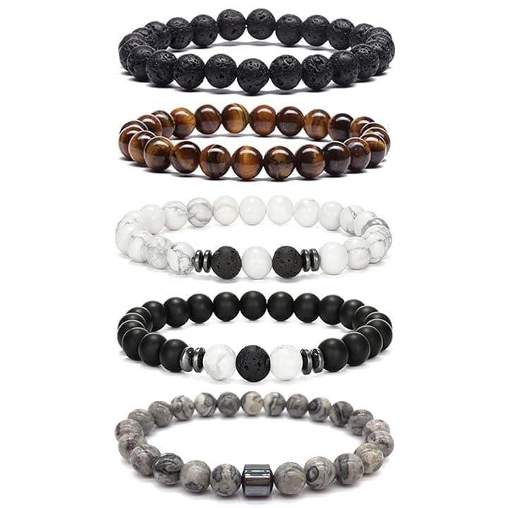 HTTDSLF Bracciale 5 Pezzi in Pietre Naturali - Occhio di Tigre 8MM, Pietra Lavica, Ossidiana Nera - Braccialetto Gioielli per Uomo Donna Regalo Personalizzato