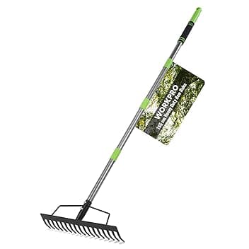 WORKPRO Rastrello ad Arco da Giardino con Manico, Rastrello a 17 Denti, Regolabile e Smontabile (86-165 cm), Rastrello per Foglie in Acciaio per Carichi Pesanti, Ideale per Rastrellare e Livellare
