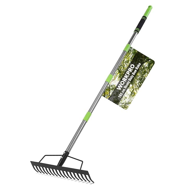WORKPRO Rastrello ad Arco da Giardino con Manico, Rastrello a 17 Denti, Regolabile e Smontabile (86-165 cm), Rastrello per Foglie in Acciaio per Carichi Pesanti, Ideale per Rastrellare e Livellare