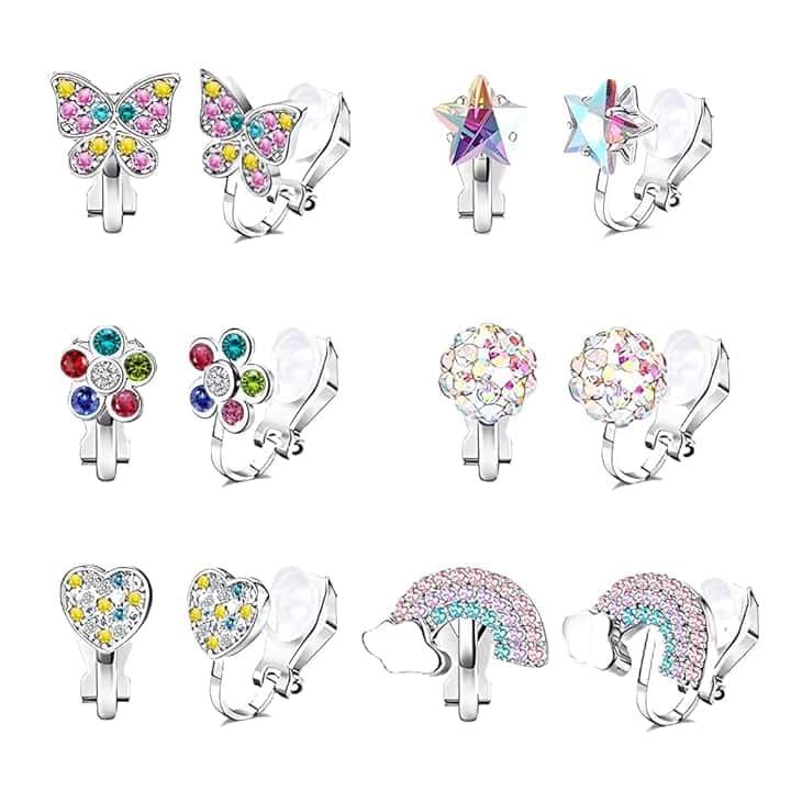 HMCEY 6 Paia Orecchini a Clip Bambini,Principessa Orecchini Senza Buco Colorati,Finti Orecchinis Anallergici,Clip On Earrings,Gioielli Orecchinis Clips Ragazza,Orecchinies Cuori Fiori Farfalle