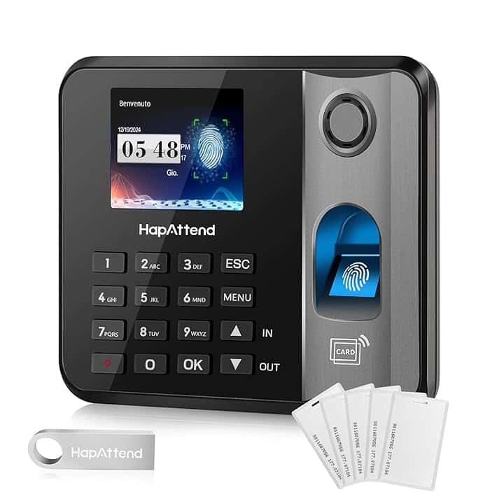 Rilevatore presenze, HapAttend Italiano timbracartellini lettore con impronte digitali e 5 badge RFID, H1 timbratrice presenze dipendenti Checking-in registratore orologio tempo per piccole imprese
