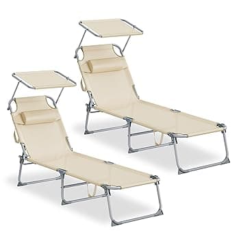 SONGMICS Set da 2 Sedie a Sdraio Pieghevoli, 189 x 53 x 28,5 cm, con Cusicni, Lettini Prendisole, Portata 110 kg Ciascuno, Parasole e Schienale Regolabili, per Terrazza e Balcone, Beige GCB292WZ02