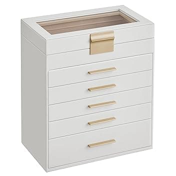 SONGMICS SONGMICS Scatola Portagioie, 6 Livelli, Coperchio in Vetro, 5 Cassetti, Porta Gioielli, Occhiali da Sole e Accessori Grandi, Moderno, Bianco Nuvola e Dorato JBC171W01