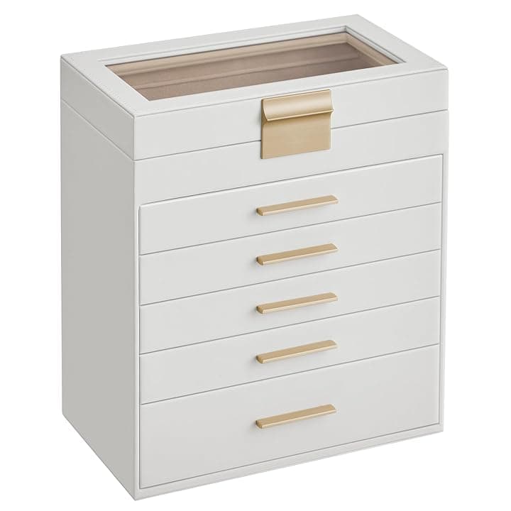 SONGMICS SONGMICS Scatola Portagioie, 6 Livelli, Coperchio in Vetro, 5 Cassetti, Porta Gioielli, Occhiali da Sole e Accessori Grandi, Moderno, Bianco Nuvola e Dorato JBC171W01