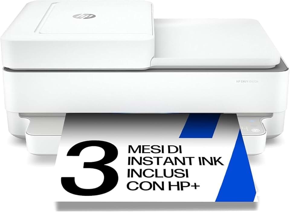 HP Envy 6420e 223R4B, Stampante Multifunzione a Getto d'Inchiostro A4 a Colori, Stampa Fronte e Retro Automatica, 10 ppm, Wi-Fi, Smart, 3 Mesi di Inchiostro Instant Ink Inclusi, Bianca