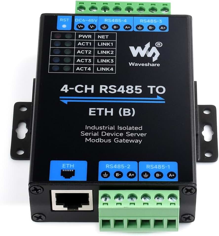 Waveshare 4-Ch RS485 to RJ45 Ethernet Serial Server, 4 Channels RS485 Independent Operation, Bi-Directional Transparent Transmission, Modbus Gateway, Common Network Port