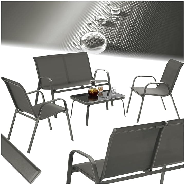 tectake® set salotto da giardino 4 pezzi, set giardino esterno con 2 poltrone, 1 divano 2 posti, tavolino, piano in vetro, textilene traspirante e idrorepellente, struttura in acciaio - Antracite