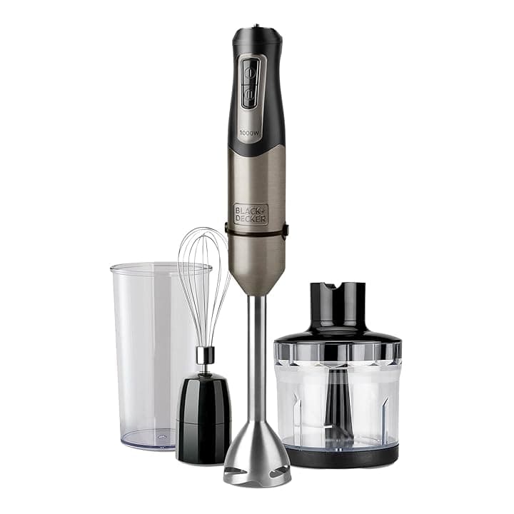 BLACK+DECKER - Frullatore a Immersione 1000W | 20 velocità + TURBO | Lame in acciaio inossidabile smontabili | Tritaghiaccio | Impugnatura ergonomica | set completo di accessori intercambiabili