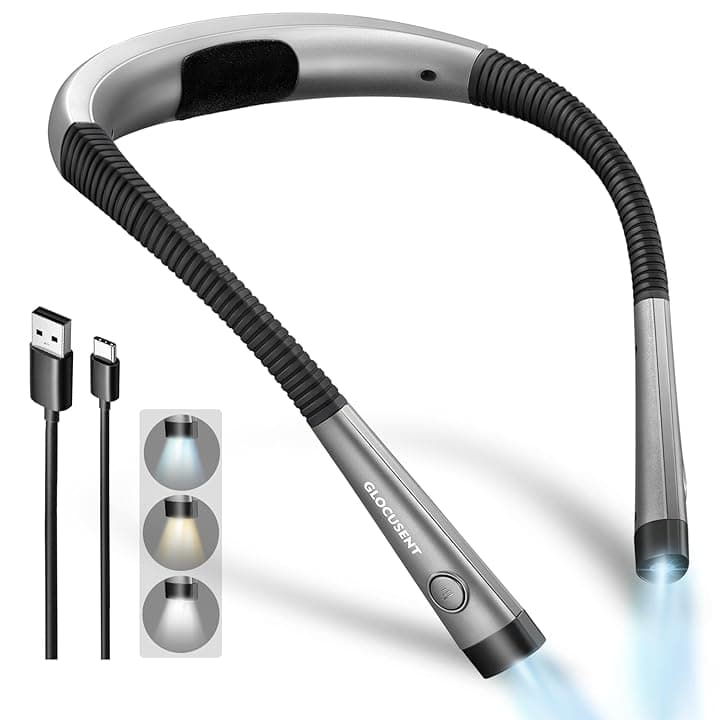 Glocusent Lampada da Lettura, LED luce del libro, Ricaricabile, 3 Colori, 6 Livelli di luminositร , Bracci pieghevoli, mani libere, Perfetta per Tejer, Estudiar, Dormir, Viajar ClimatePartner certified