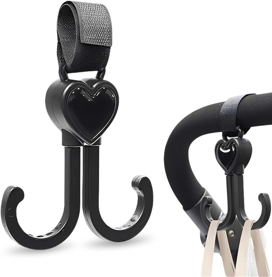 Ganci per Passeggino Porta Borse (Confezione da Uno) - Ganci Passeggino Universali, Antiscivolo, Fino a 5 kg, Accessori Neonato, Nero
