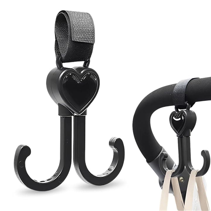 Ganci per Passeggino Porta Borse (Confezione da Uno) - Ganci Passeggino Universali, Antiscivolo, Fino a 5 kg, Accessori Neonato, Nero