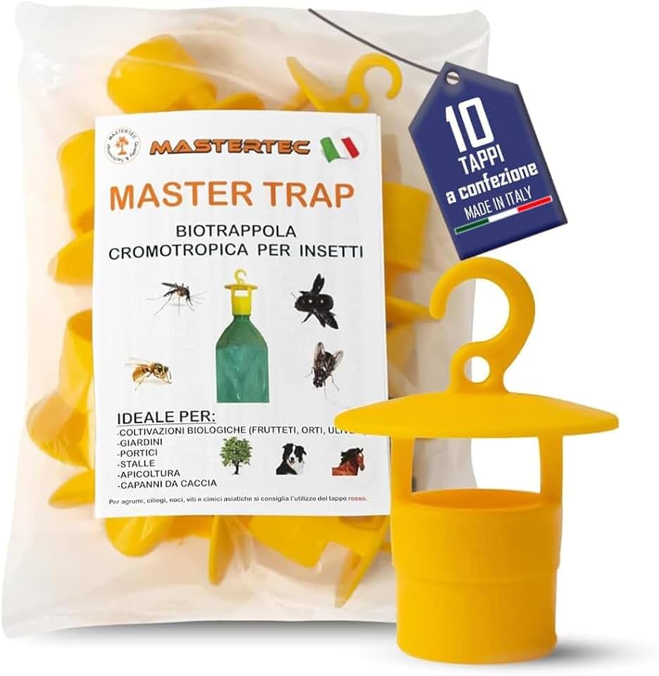 Mastertec Master Trap, 10 Pezzi, Trappola Mosche, Calabroni, Vespe, Cimici Asiatiche, Drosophila Suzukii e Popilia Japonica, Trappole Cromotropiche Gialle Ecologiche, Cattura Insetti Made in Italy