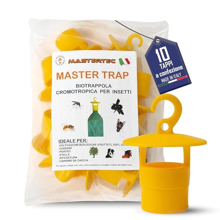 Mastertec Master Trap, 10 Pezzi, Trappola Mosche, Calabroni, Vespe, Cimici Asiatiche, Drosophila Suzukii e Popilia Japonica, Trappole Cromotropiche Gialle Ecologiche, Cattura Insetti Made in Italy
