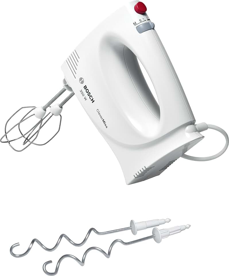 Bosch Sbattitore Elettrico MFQ3030, 350W, 4 Livelli di Velocità, Ultra Leggero e Maneggevole, Impugnatura Ergonomica, Fruste e Ganci per Impastare in Acciaio Inox Inclusi, Bianco