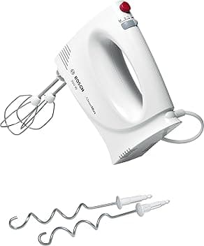 Bosch Sbattitore Elettrico MFQ3030, 350W, 4 Livelli di Velocità, Ultra Leggero e Maneggevole, Impugnatura Ergonomica, Fruste e Ganci per Impastare in Acciaio Inox Inclusi, Bianco