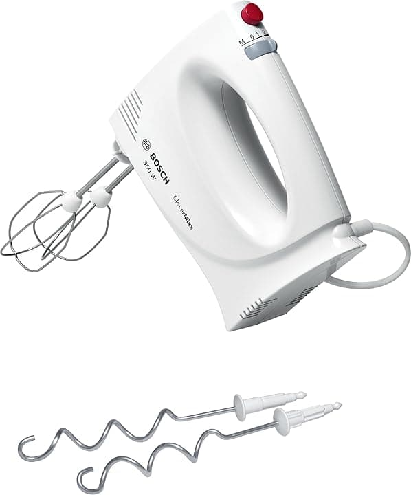 Bosch Sbattitore Elettrico MFQ3030, 350W, 4 Livelli di Velocità, Ultra Leggero e Maneggevole, Impugnatura Ergonomica, Fruste e Ganci per Impastare in Acciaio Inox Inclusi, Bianco