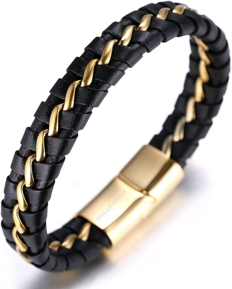 HALUKAKAH Bambini ● Solo Junior ● Bracciale Ragazzo Maschio Vera Pelle Cuoio Nero 6-12+3 Anni Catena Titanio Acciaio Argento Chiusura Magnetica Taglia Regolabile 18-19.5cm con Pacco Regalo Gratuita