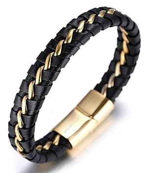 HALUKAKAH Bambini ● Solo Junior ● Bracciale Ragazzo Maschio Vera Pelle Cuoio Nero 6-12+3 Anni Catena Titanio Acciaio Argento Chiusura Magnetica Taglia Regolabile 18-19.5cm con Pacco Regalo Gratuita