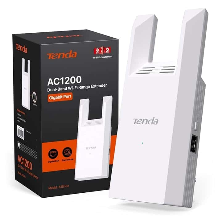 Tenda A18 Pro Ripetitore Wi-Fi Dual Band AC1200 Mbps, Funzionalitร Extender e Access Point 5GHz/2.4GHz con Porta Gigabit LAN, LED Segnale Intelligente, Pulsante WPS, Sicurezza WPA2, Controllo via App