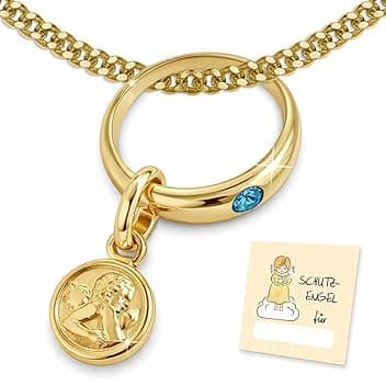 CLEVER SCHMUCK Collana per battesimo in oro con angelo custode, anello per battesimo azzurro con catena a maglia barbazzale, 36 cm, in argento sterling 925, con custodia per battesimo