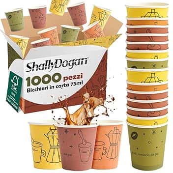 BAKAJI 1000 Bicchierini da Caffè Monouso Capacità 75 ml, Tazzina in Carta Usa e Getta per Hotel, B&B, Casa, Ideali per Feste ed Eventi, Tazze Resistenti Biodegradabili e Ecosostenibi (Moka)