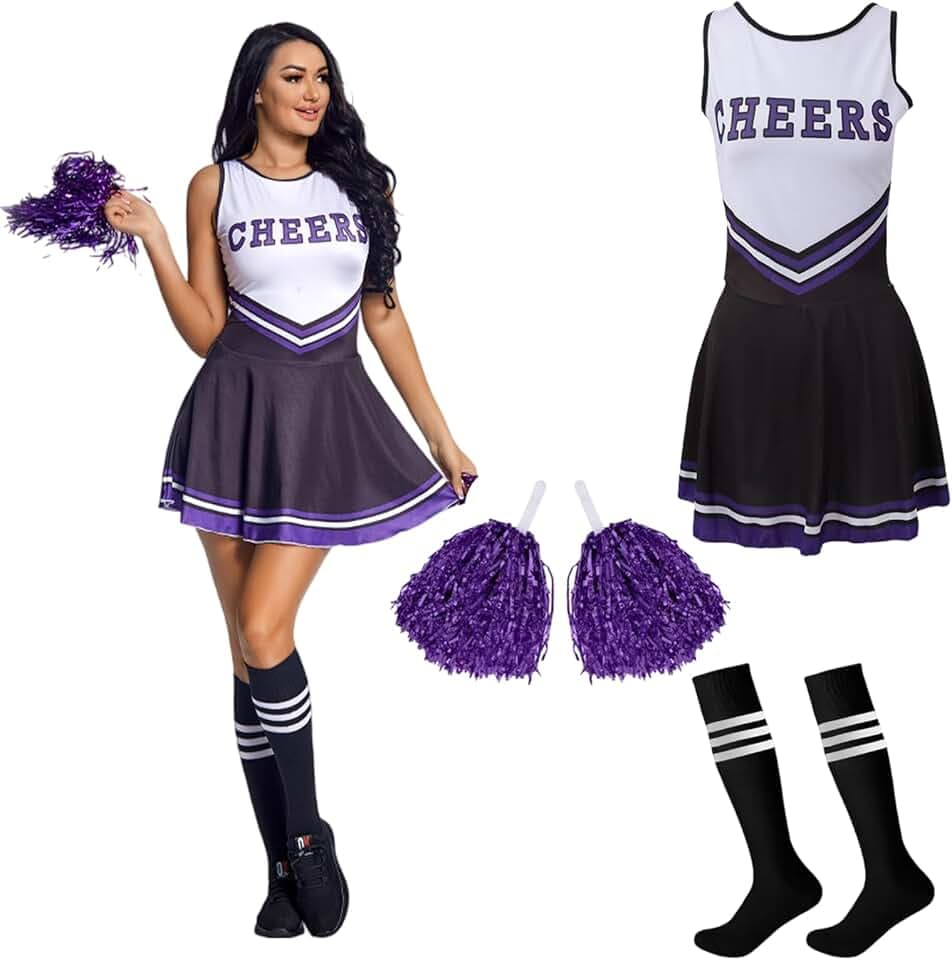 Cheerleader Fancy Dress Outfit,Cheerleading Outfit with Pom Poms,Cheerleader Costume for Women Girls,Uniform High School Dress,Cheerleader Outfit Adult Fancy Dress Costume