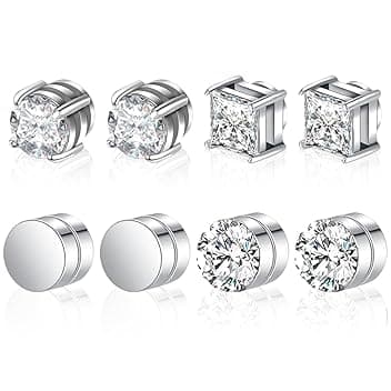 VRYNDH 4 Paia Orecchini Magnetici Uomo Orecchini Calamita Orecchino Magnetico Adatte Per Uomo E Donna, Rotonde/Quadrate,Comodo da indossare e non si cade facilmente,6 mm(argento)