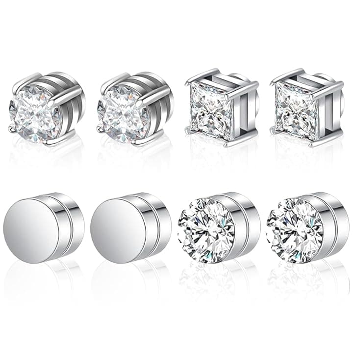 VRYNDH 4 Paia Orecchini Magnetici Uomo Orecchini Calamita Orecchino Magnetico Adatte Per Uomo E Donna, Rotonde/Quadrate,Comodo da indossare e non si cade facilmente,6 mm(argento)