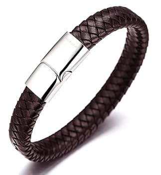 HALUKAKAH Accessori per Bambini ● Solo Junior ● Braccialetto in Pelle per Ragazzi Marrone/Nero Classico, Progettato per Età 6-15, Con Esclusiva Chiusura Magnetica in Titanio Dorato/Argento/Nero, Misura 7”+0.7"(18+1.5cm), Inclusa Confezione Regalo Omaggio
