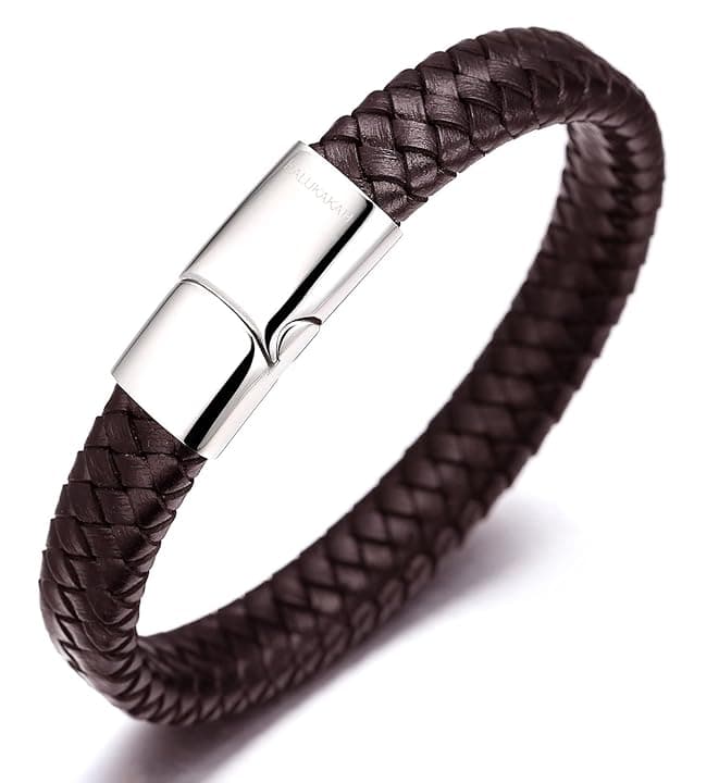 HALUKAKAH Accessori per Bambini ● Solo Junior ● Braccialetto in Pelle per Ragazzi Marrone/Nero Classico, Progettato per Età 6-15, Con Esclusiva Chiusura Magnetica in Titanio Dorato/Argento/Nero, Misura 7”+0.7"(18+1.5cm), Inclusa Confezione Regalo Omaggio