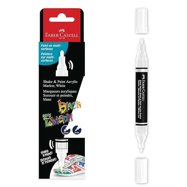 Faber-Castell 285511 Black Edition Shake & Paint Pennarello Acrilico, Pennarello White Moon, Doppia Punta 3Mm E 1Mm, Impermeabile, Colore Vivido E Duraturo
