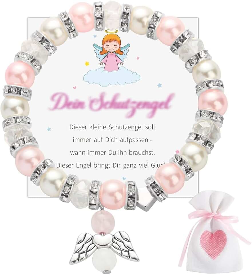 KAHZOR KAHZOR 1 Pezzo Braccialetto Angelo Custode, Elastico con Perline, Portafortuna, in Argento, Regolabile, per Comunione, Bracciale Bambina, con Angeli, Regalo per Ragazze