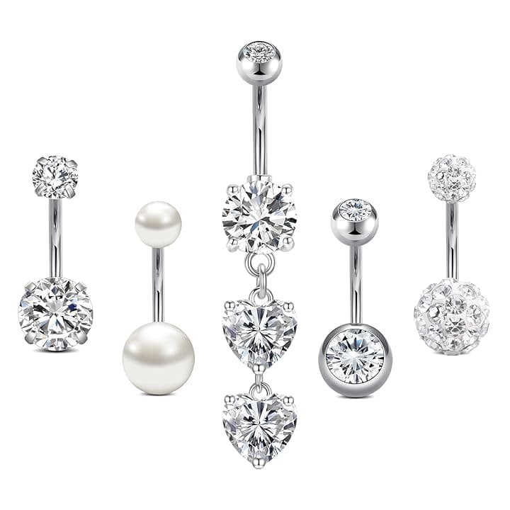 AceFun 14G piercing ombelico 10mm piercing ombelico Argento Oro acciaio inox piercing ombelico acciaio chirurgico 5 pezzi argento cuore piercing ombelico pendente oro donne anelli corpo piercing