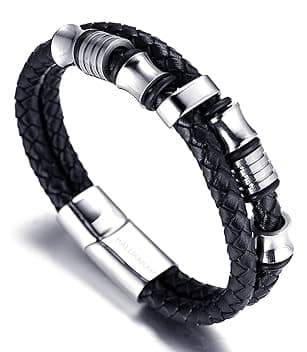 HALUKAKAH Bambini ● Assolo Junior ● Bracciale Ragazzo Maschio in Vera Pelle Cuoio Nero 6-12 Anni Perle in Argento/Oro Titanio Acciaio Chiusura Magnetica 7-8"(18-19.5cm) con Pacco Regalo Gratuita