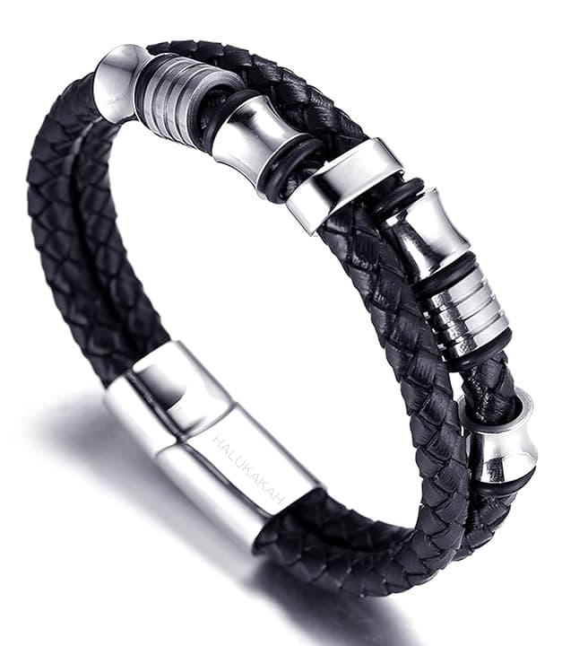 HALUKAKAH Bambini ● Assolo Junior ● Bracciale Ragazzo Maschio in Vera Pelle Cuoio Nero 6-12 Anni Perle in Argento/Oro Titanio Acciaio Chiusura Magnetica 7-8"(18-19.5cm) con Pacco Regalo Gratuita