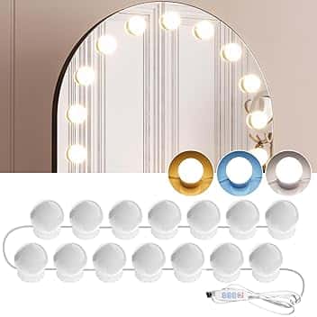 Luci da Specchio di Vanità 14 Lampadine per Trucco Dimmerabili 3000K/4000K/9000K Temperatura Colore Regolabile, Alimentazione Tramite USB, Adesive