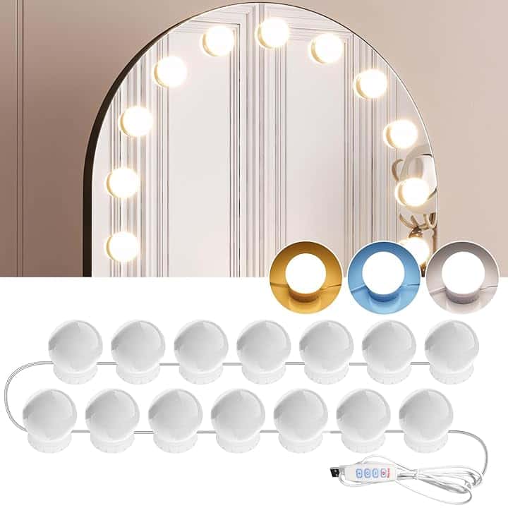 Luci da Specchio di Vanità 14 Lampadine per Trucco Dimmerabili 3000K/4000K/9000K Temperatura Colore Regolabile, Alimentazione Tramite USB, Adesive