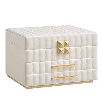 SONGMICS HOME SONGMICS HOME ANAH Collezione - Scatola Portagioie 3 Ripiani con Specchio, Porta Gioielli, 2 Cassetti, PU con Cucitura, Effetto Fluttuante, 21,5 x 24 x 15,8 cm, Idea Regalo, Bianco Nuvola JBC183W01