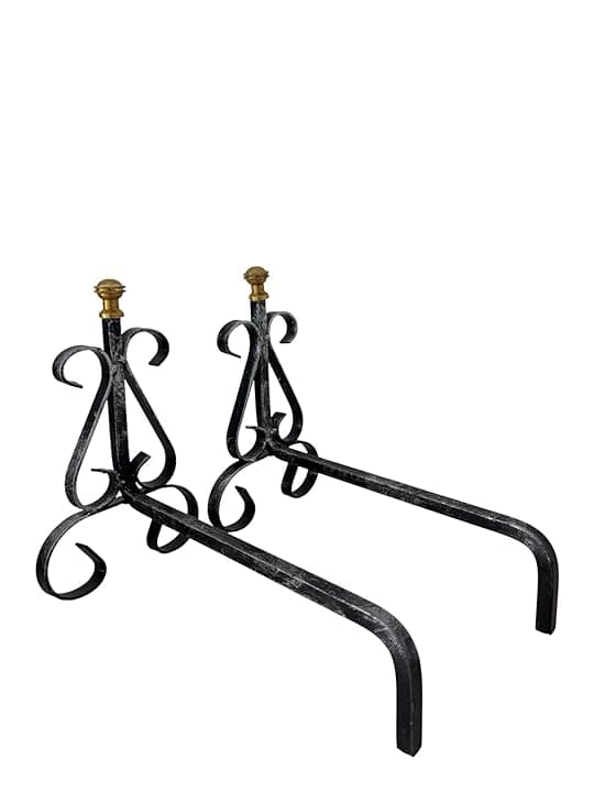 Alari in Ferro Battuto per Camino con Pomelli in Ottone, 30x26h cm, Design Decorativo