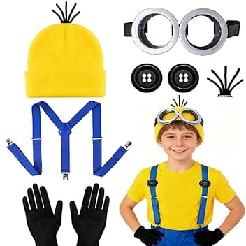 Humairc Costume Giallo Kit Occhiali Costume Carnevale/Halloween/Cosplay/Danza/Festa Carnevale Halloween Accessori Donna Uomo - Occhiali Cappello Giallo Guanti Neri Calzini Bretelle